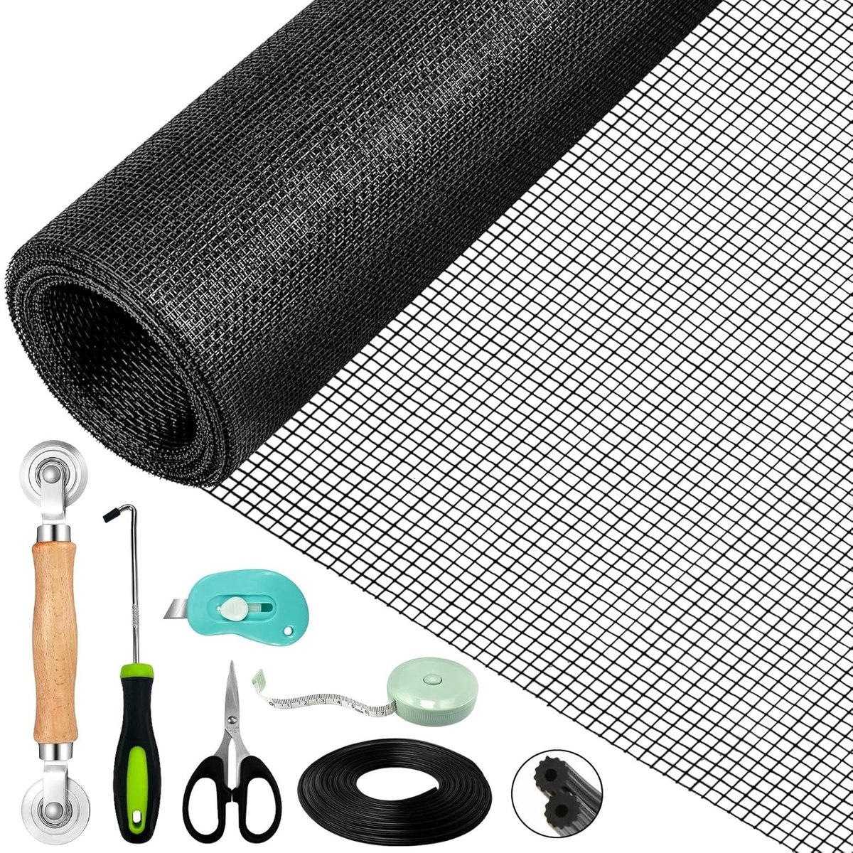 Herstelset voor insectenhorren voor ramen - Inclusief 10 m piping, dubbelwiel, en bevestigingsmaterialen - Ideaal voor muggen en vliegen (300 x 120 cm, zwart)