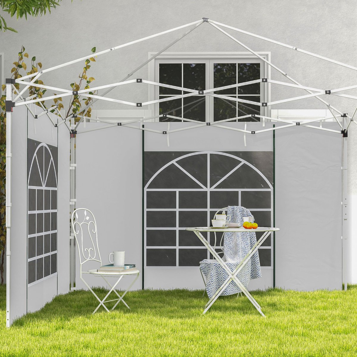 REDOM - Partytent zijwand 2-delig - Met dubbele ramen en ritssluiting - Eenvoudig te bevestigen en te verwijderen - Voor 3x3 m en 3x6 m tuinpaviljoens - Polyester - Wit - 295 x 195 cm