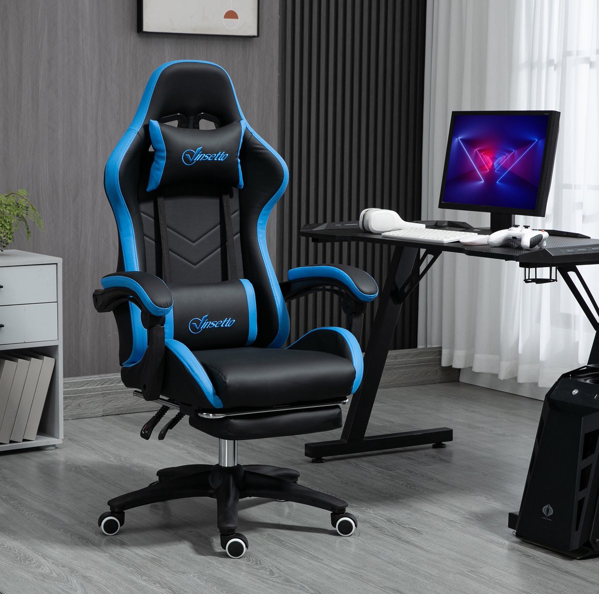 REDOM - Gamingstoel - Hoogteverstelbaar - Verstelbare armleuningen - Liegefunctie 135° - Met hoofdsteun en lendenkussen - Kunstleer - Zwart Blauw - 65 x 65 x 129 cm