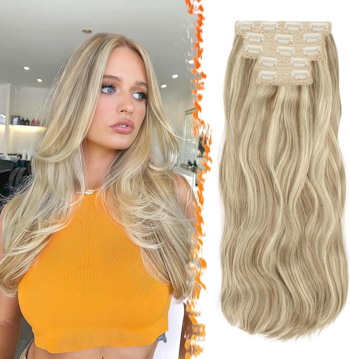 Blonde Clip-in Haarextensions van 50 cm, Losse Golven en Gelaagd Design voor Vrouwen, Dikke Synthetische Haarstukken met Balayage Effect
