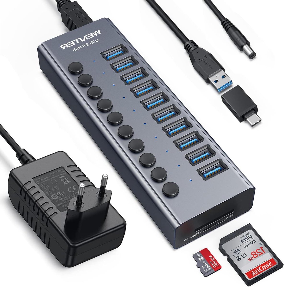USB Hub - USB Splitter - Meer Apparaten - 10 Poorten - 23 cm - Aluminium