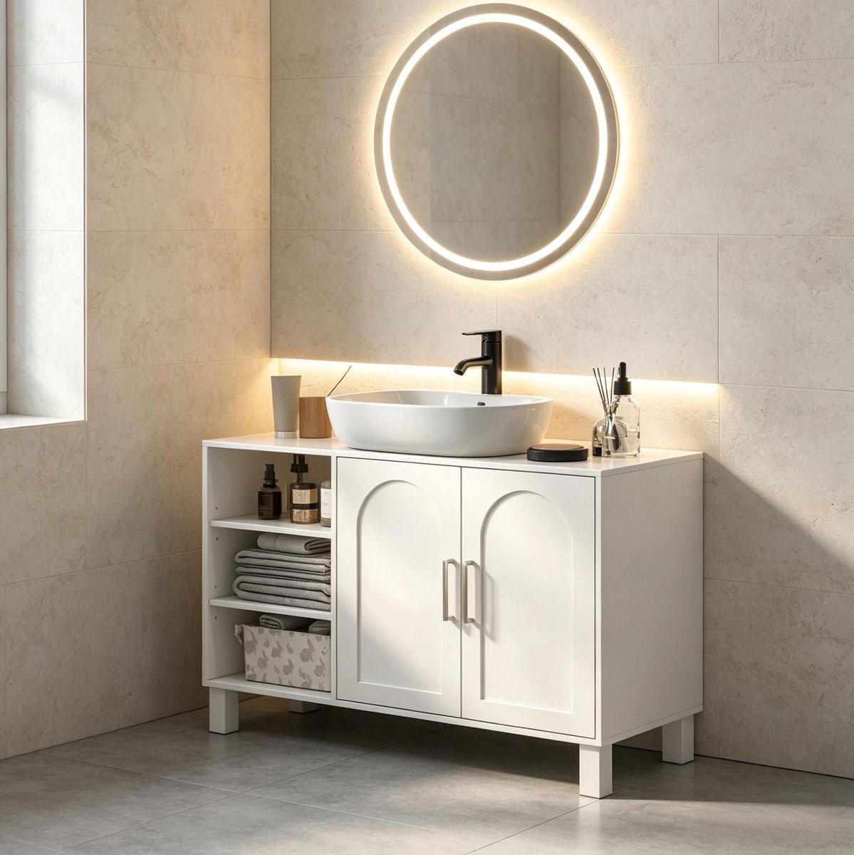 STILVORA Badkamerkast - Wastafelonderkast Met Open Vakken En Dubbele Deuren - Voor Badkamer - Hout - Crème - 90x30x63 Cm