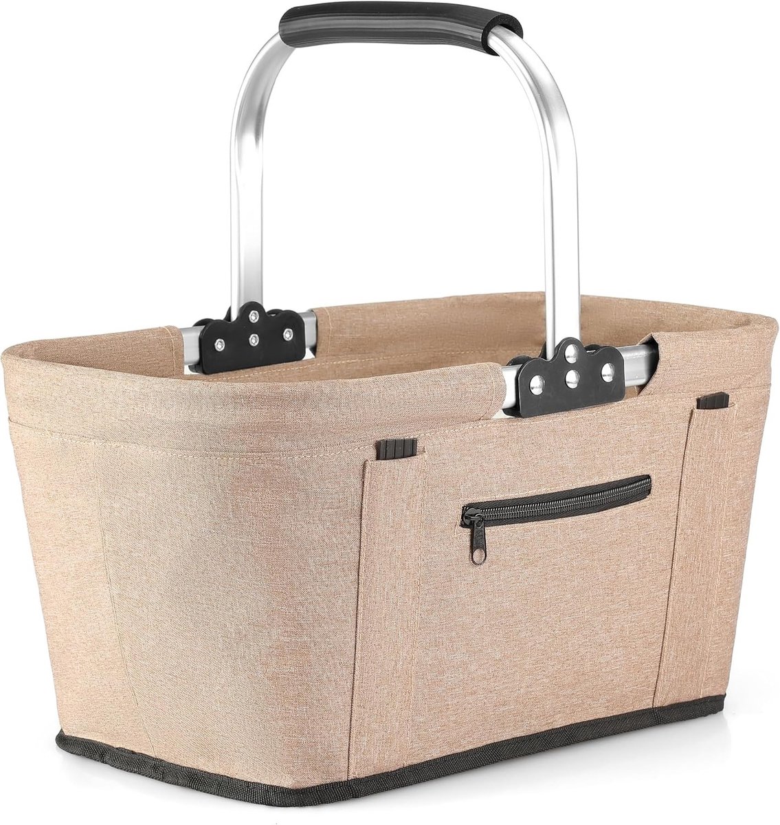 Vouwbare Winkelmand met 4 Steunbalken, Stabiliteit voor Winkelen, Picknicken en Kamperen, Grote Opvouwbare Mand voor Gezinnen, 43 x 27 x 23 cm, met Verstevigde Handvatten