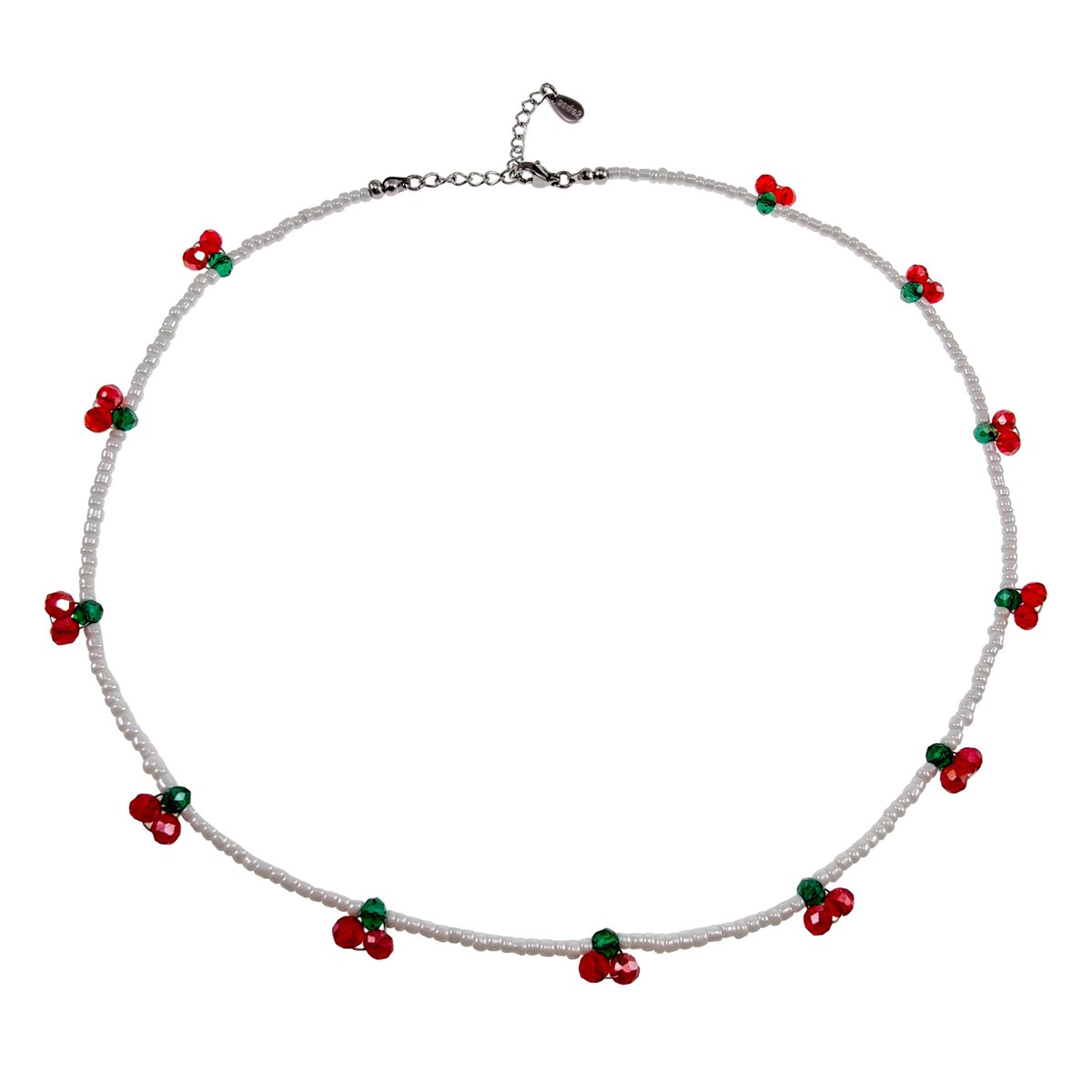 Elegante Witte Kralenketting RVS met Kersen van Tsjechische Kristallen, Dames, Handgemaakt door esde2 - Verstelbaar 44-48 cm