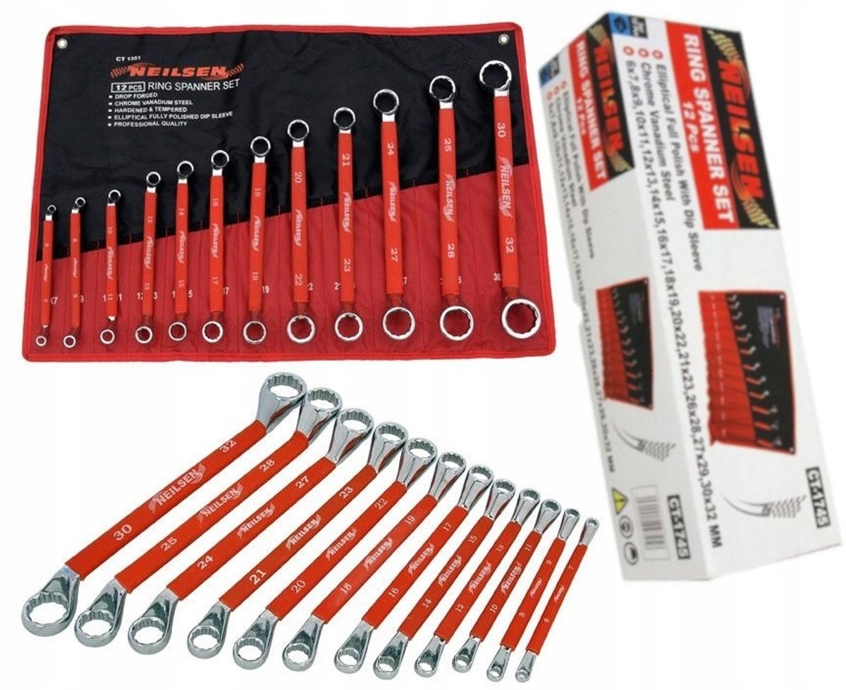Set gebogen ringsleutels 6-32mm, 45° hoek, chroom-vanadium staal