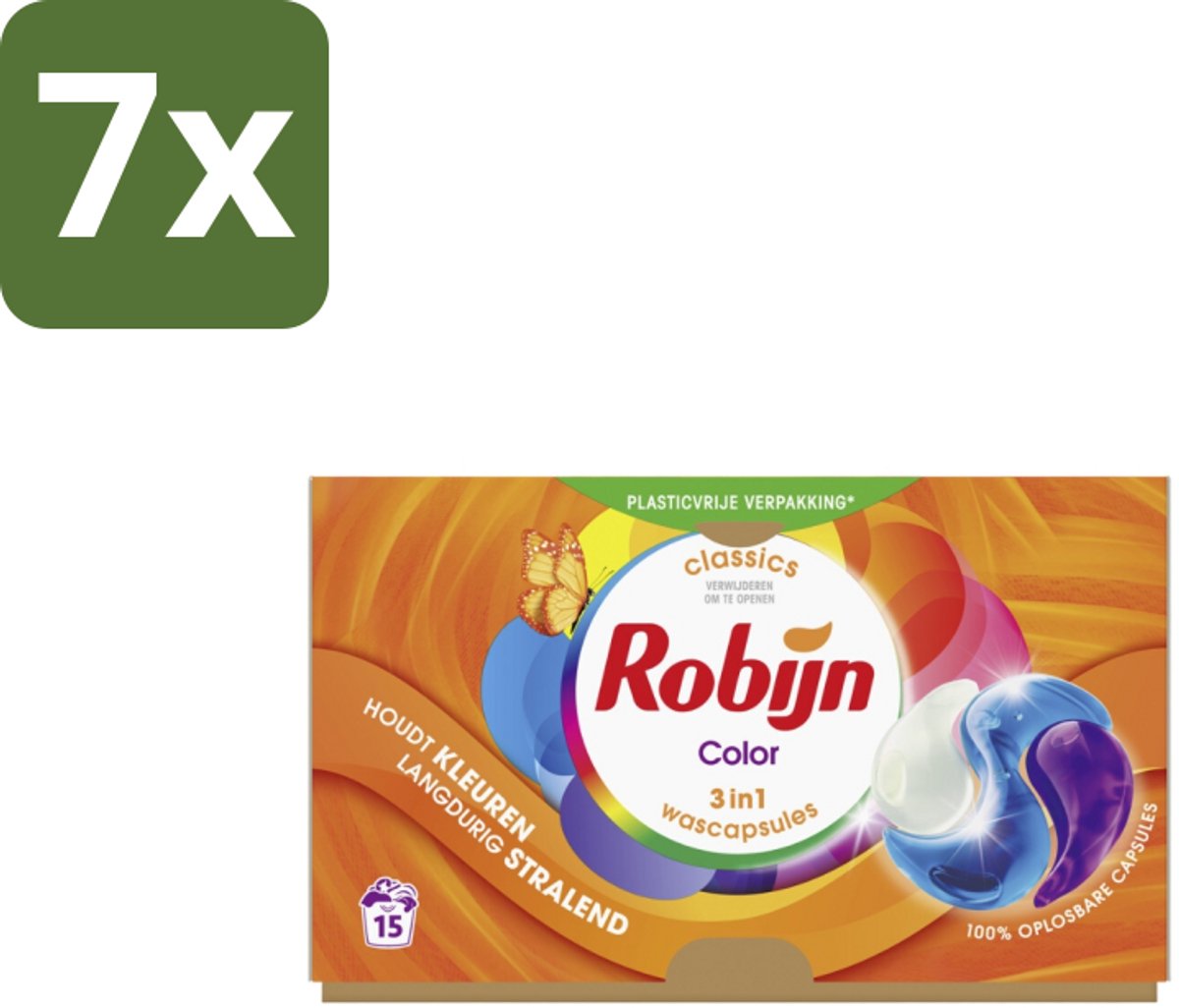 7 x Robijn Wascapsules 3-in-1 Color 15 stuks per verpakking - Kleurbehoud - Wascapsules - Was - Wasverzachter - Biologisch Afbreekbaar