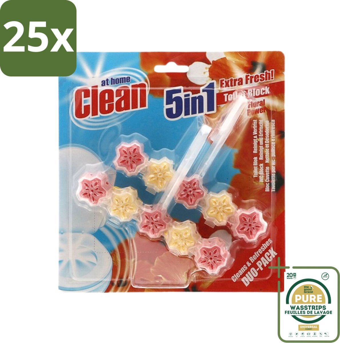 25 x At Home - Clean - Toiletblok - 5in1 Active - Floral Power - Neutraliseert & Reinigt - 2 Blokken - Grootverpakking - Toiletblok - Toilet Reinigen - Toilet Geur - Toilet Reinigingsmiddel - Bloemige Geur