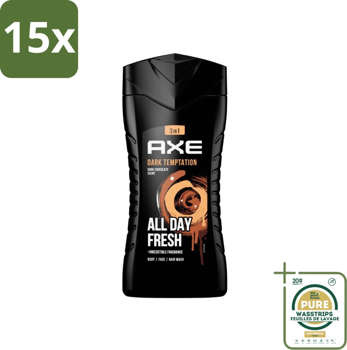 15 x Axe - 3-in-1 Douchegel - Dark Temptation - Dark Chocolate - 250 ml - Grootverpakking - Douchegel - 3-in-1 - Lichaam - Gezicht - Haar