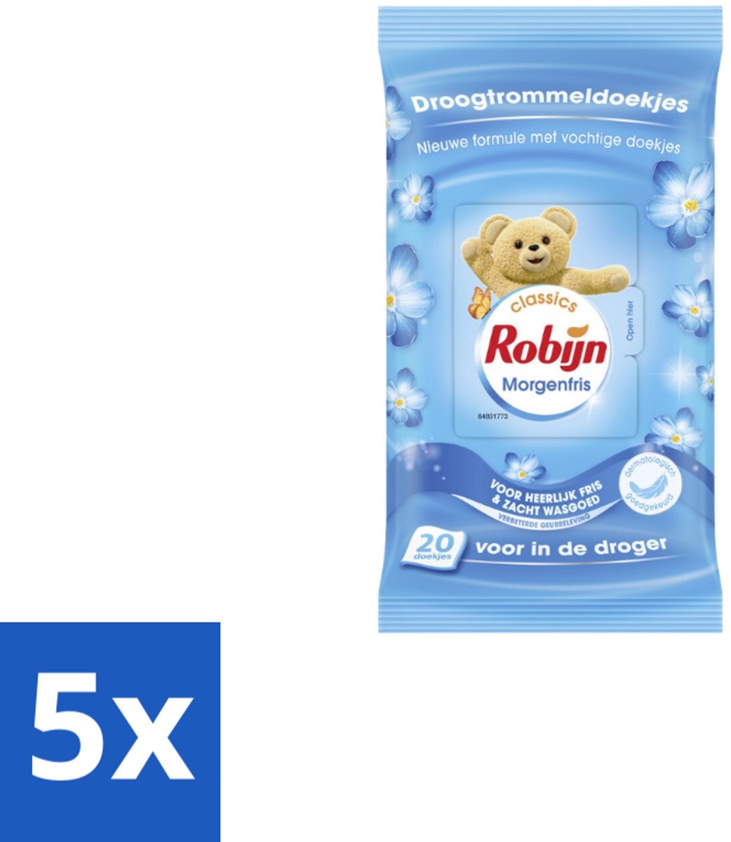 5 x Robijn – Droogtrommeldoekjes – Morgenfris - 20 Doekjes - Droogtrommeldoekjes - Wasgoed Drogen - Frisheid Droger - Wasgoed Verzorgen - Kleding Beschermen