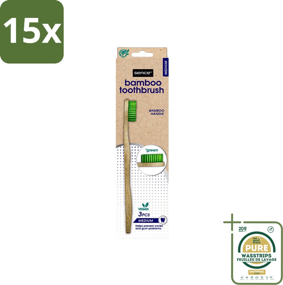 15 x Sence - Bamboo - Tandenborstels - Medium - Set van 3 - Groen - Grootverpakking - Tandenborstel - Bamboo - Duurzaamheid - Milieuvriendelijk - Vegan