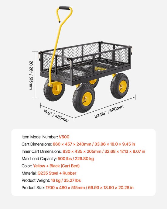 Bolderkar - Transportwagen Tuinwagen - Zware Lasten Vervoeren - Afneembare Zijpanelen - 22680 kg Draagvermogen - Geel Zwart — afbeelding 4