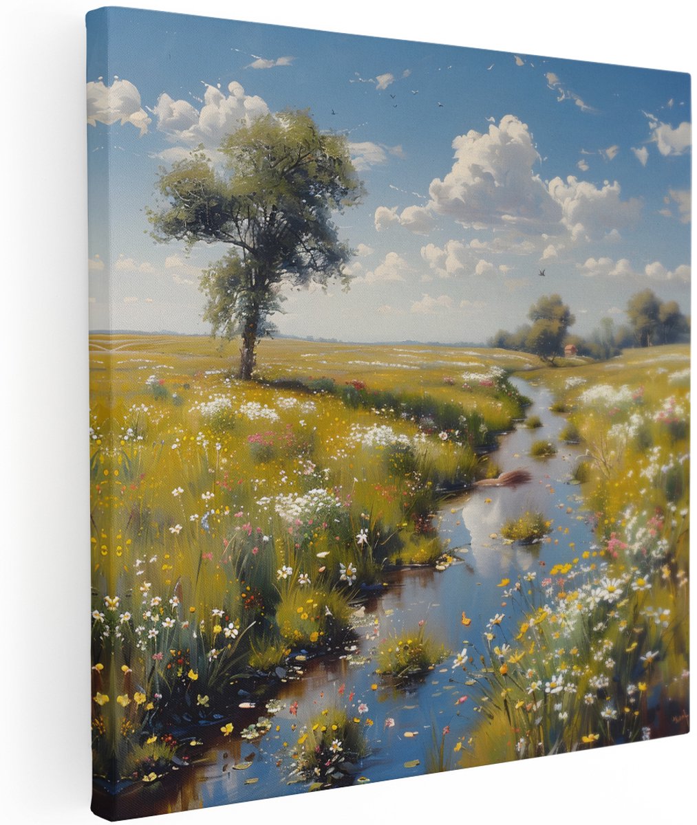 Artaza Canvas Schilderij Landschap - 100x100 cm - Groot - Wanddecoratie Bloemenveld - Muurdecoratie Natuur - Decoratie Beekje Woonkamer