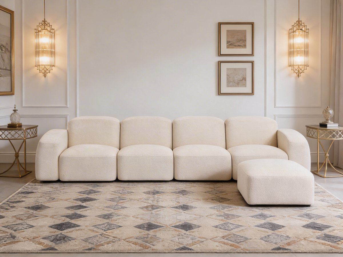Elvora Lounge – Koningstijl – Ivory Bouclé Bank – Inclusief Hocker – Organisch Design – Luxe Loungebank voor Woonkamer