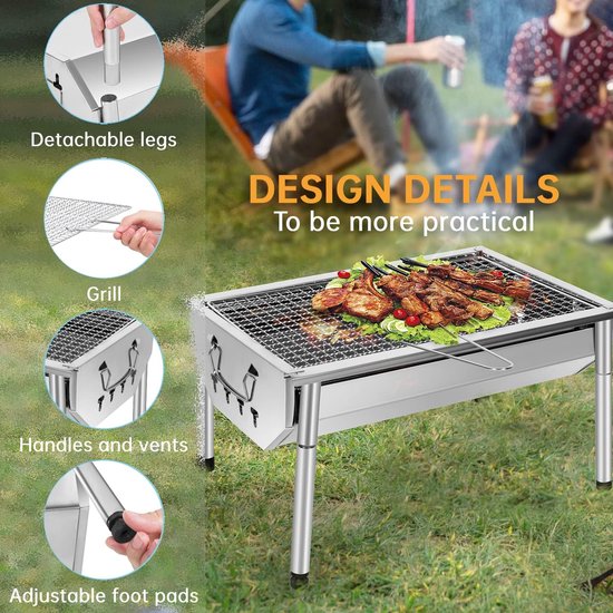 Houtskool BBQ Draagbaar - RVS Campingbarbecue 40 x 28 x 21,5 cm - Opvouwbare Picknickbarbecue met Uitneembaar Grillrooster en Ventilatiegaten - Voor Camping, Tuin, Park en Outdoor — afbeelding 3