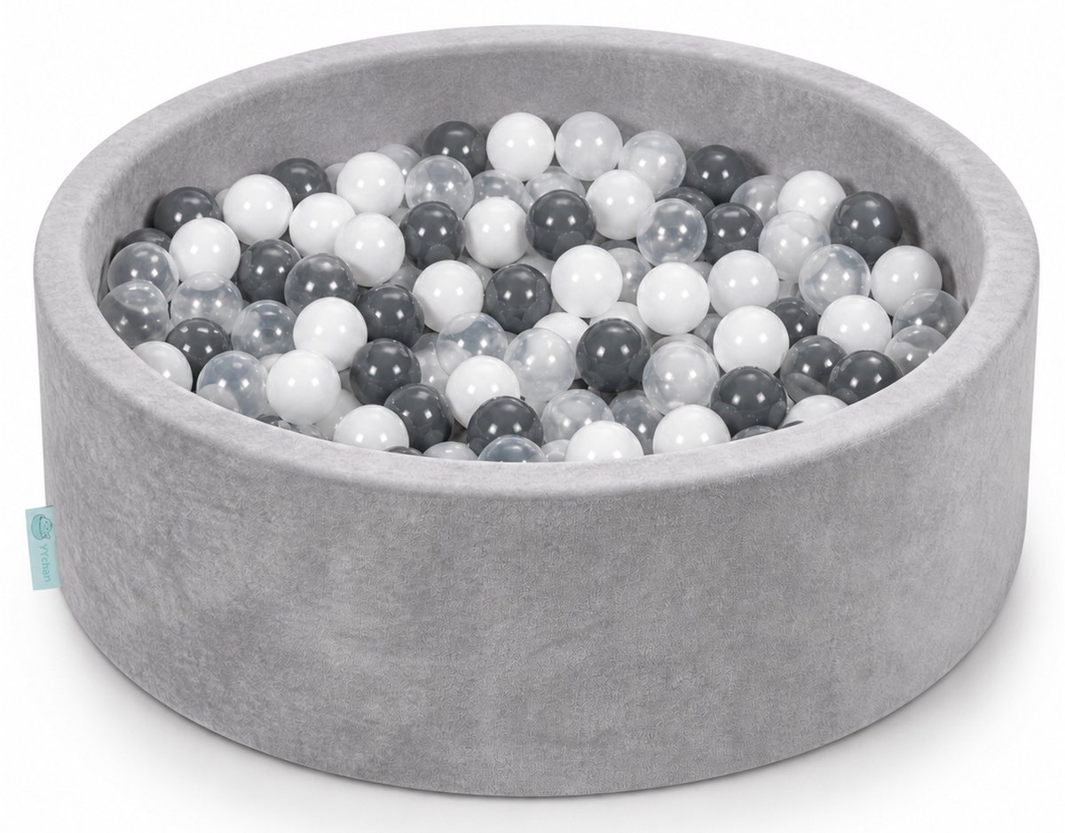 YYchan Ballenbak Baby Zilvergrijs Zilvervos Pluche - Ballenbad 90x30cm Rond - Speelgoed voor Peuters en Kinderen - Met 200 Ballen Ø6cm - Wit Transparant Rookgrijs Donkergrijs