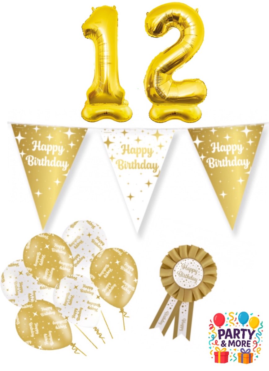 Party & More - 12 jaar - verjaardag versiering - ballonnen - slinger - cijferballon - Luxe Gouden Feestdecoratie Set – Compleet Pakket – versiering - verjaardag