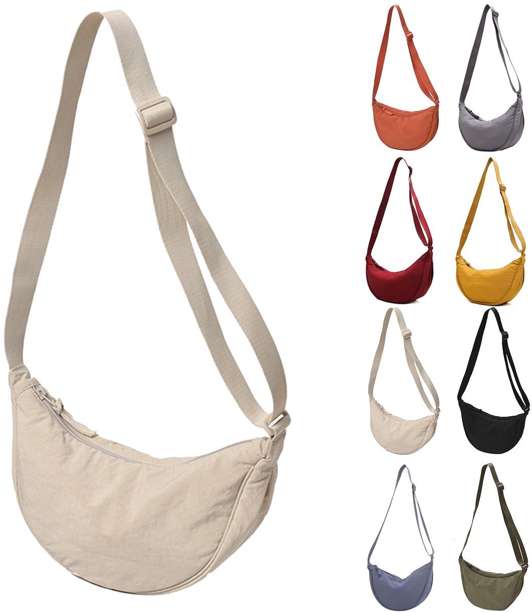 casalora - Dames halvemaan crossbody tas – Halvemaan tas met afneembare verstelbare schouderriem – Nylon dumpling schoudertas voor reizen en uitgaan - Wit