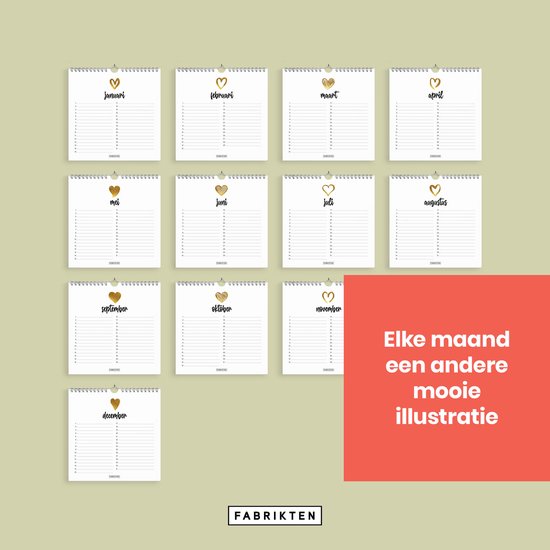Collage van 12 kalenderpagina's, elk met een maandnaam en gouden illustratie.