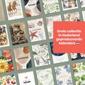 Collage van diverse verjaardagskalenders met verschillende illustraties, zoals paarden, katten en bloemen.