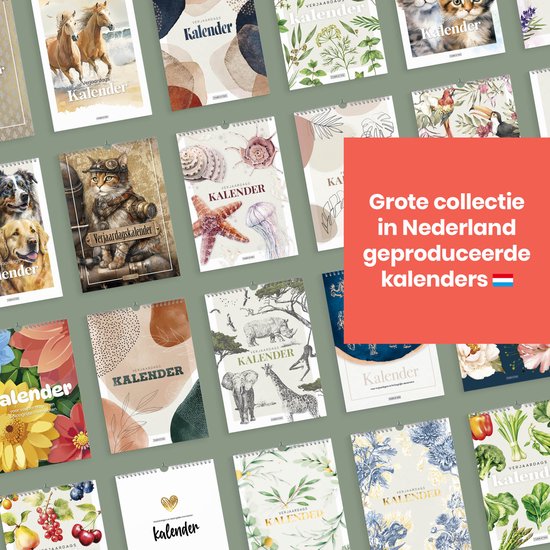 Collage van diverse verjaardagskalenders met verschillende illustraties, zoals paarden, katten en bloemen.