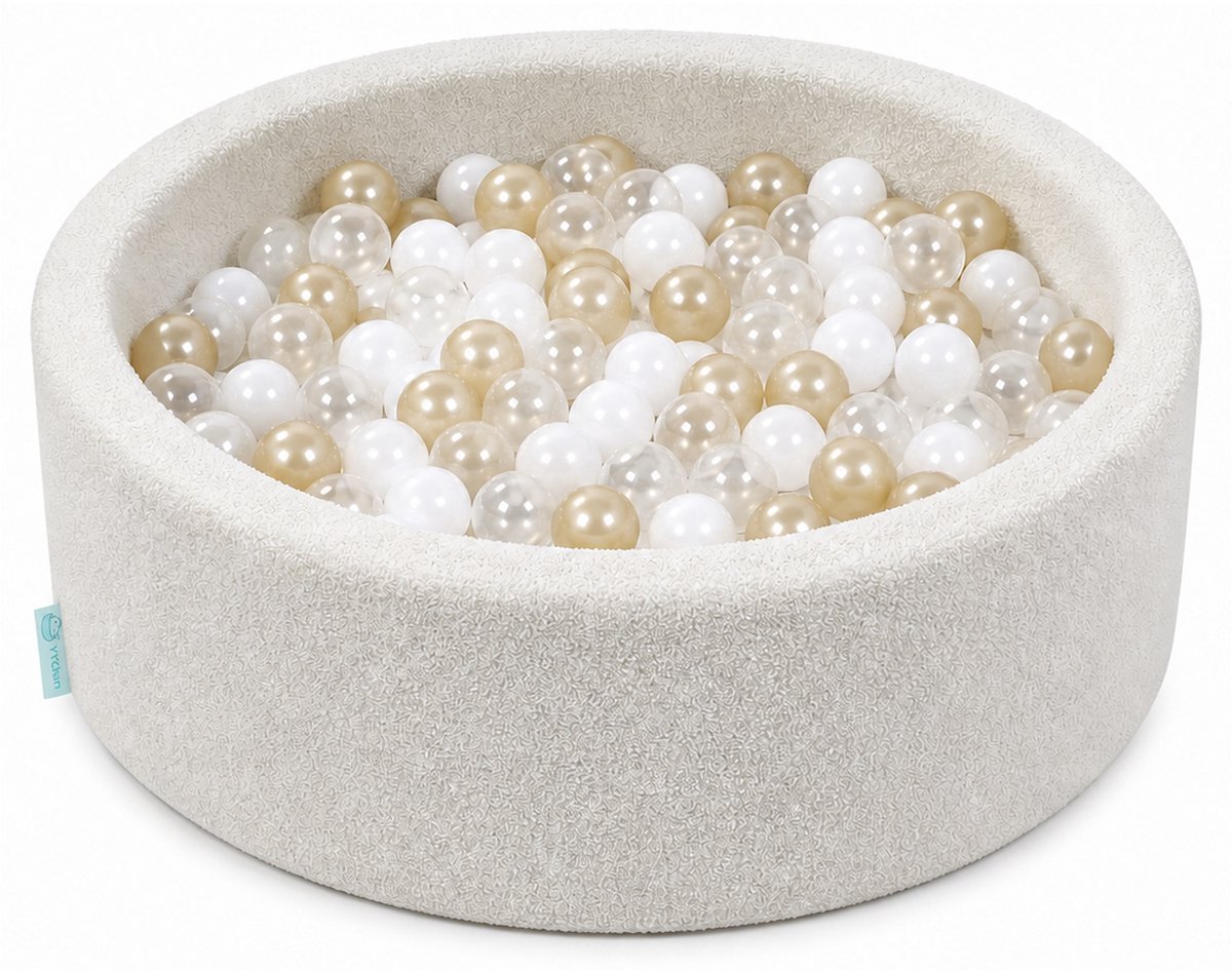 YYchan Ballenbak Baby Teddy Beige - Ballenbad 90x30cm Rond - Speelgoed voor Peuters en Kinderen - Met 200 Ballen Ø6cm - Parelgoud Wit Transparant