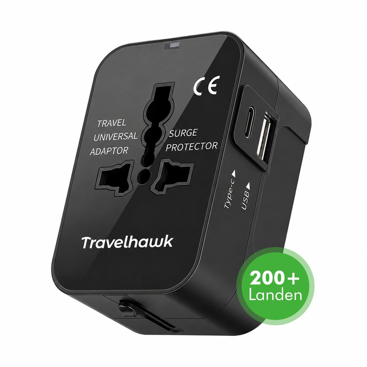 Travelhawk Wereldstekker - met USB-C en USB Poort - Reisstekker - USB stekker - Internationale Reisstekker voor 150+ landen - Amerika (USA) - Engeland (UK) - Australië - Azië - Zuid Amerika - Afrika - Wereldstekkers - Zwart