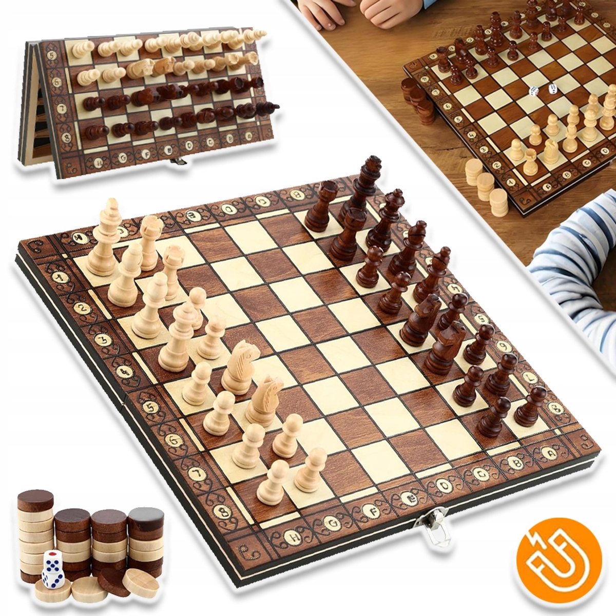 Magnetisch Schaakspel - 29 cm Houten Bord Diverse Spelopties Gladde Verfijnde Gravure - Bevordert Logisch Denken En Concentratie - Draagbaar Speelgoed Voor School En Op Reis
