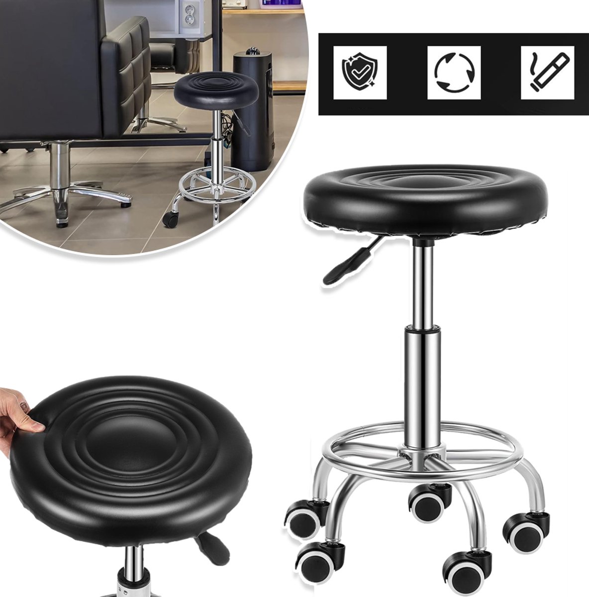 360° Draaibare Rolkruk Met Dikke PU-Lederen Zitting - Verstelbaar Van 47-60 cm Draagvermogen 130 kg Stille Wielen Chromen Onderstel Snelle Montage - Voor Thuis Kantoor Salon Kliniek En Werkplaats - Zwart