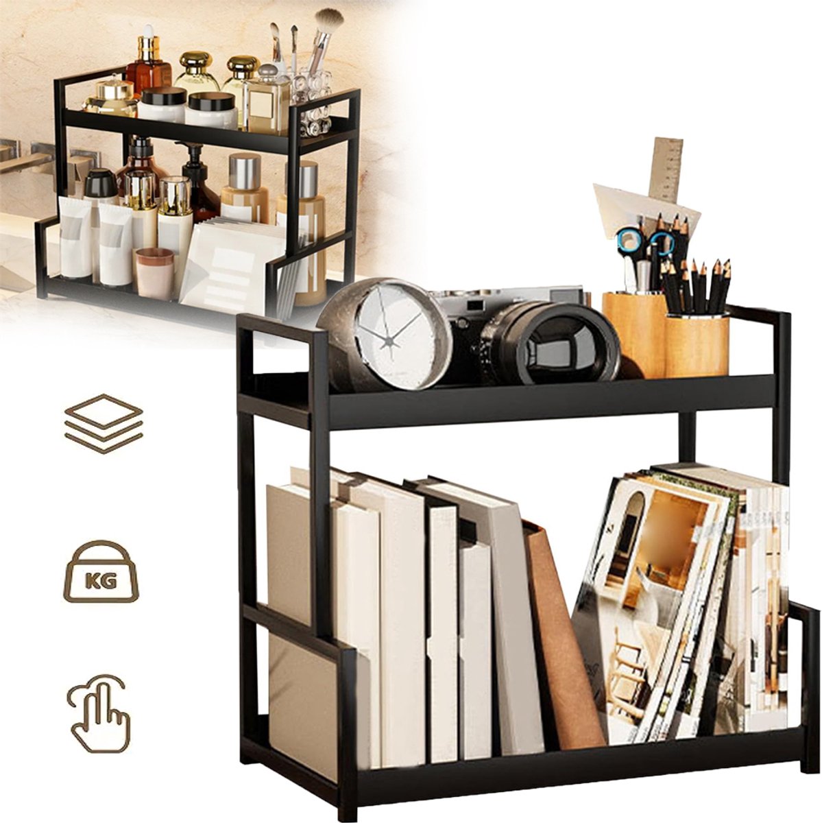 2-Laags Opbergrek Voor Op Het Aanrecht Met Zijmandje - Ruimtebesparende Organizer Voor Parfum Cosmetica En Huidverzorging Grote Capaciteit - Duurzaam Plastic En Metaal - Voor Badkamer Keuken En Studentenkamer - Zwart