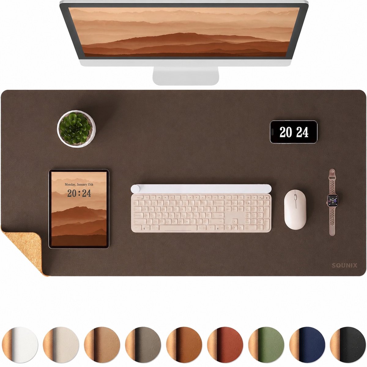 Sounix Dubbelzijdige Bureau Onderlegger - Bureaumat Kunstleer - 90x45 cm - Muismat XXL - Onderleggers - Bureau Organizer - Bonenpasta