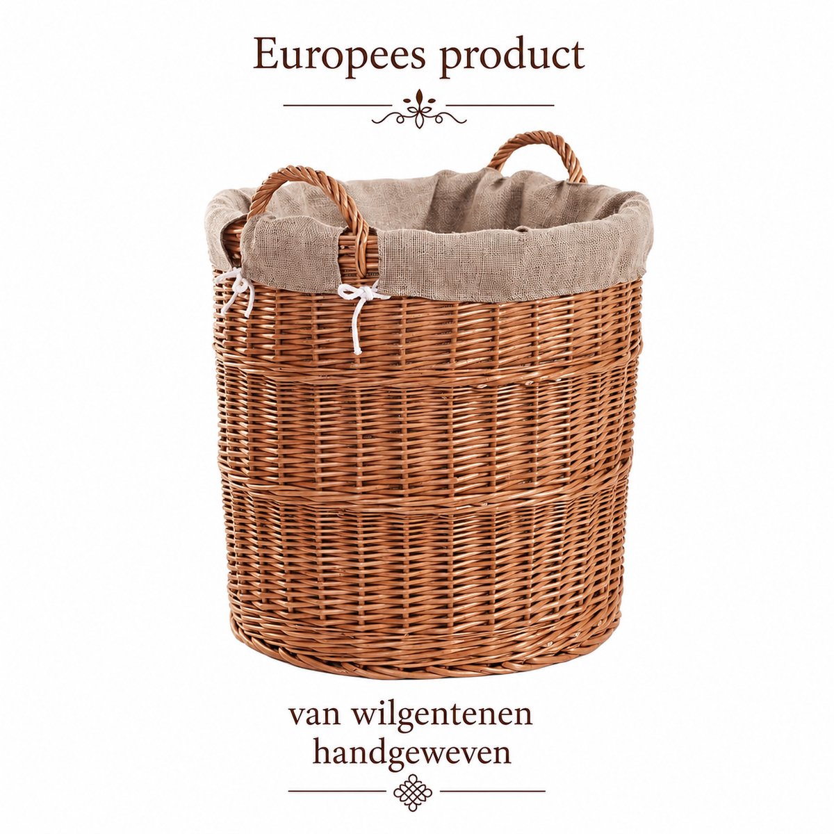 TheWickerStories Natural – Grote Ronde Opbergmand – Handgeweven Wilgenteen – Met Handgrepen – Jute Voering