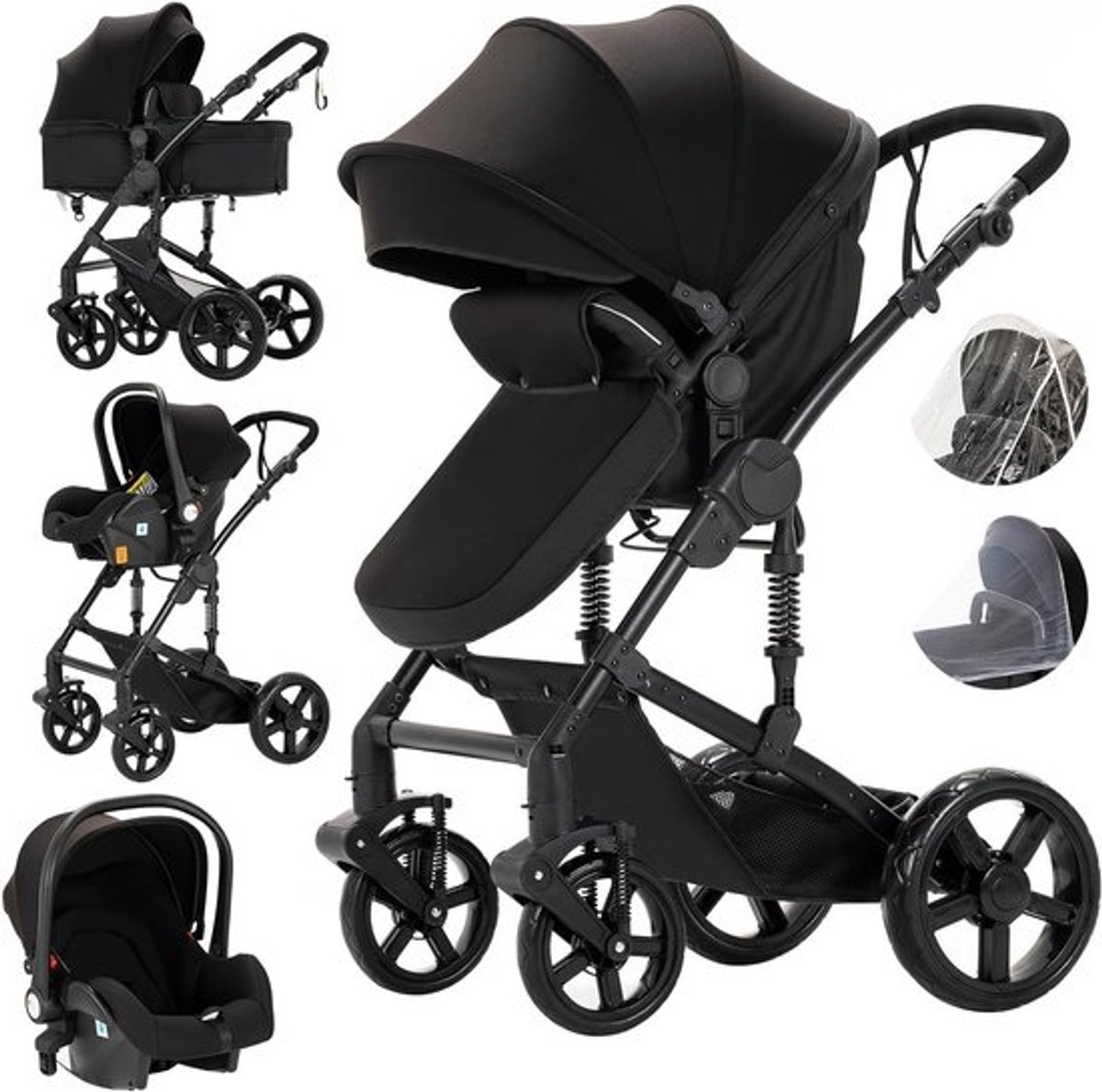 3-in-1 kinderwagenset - Verstelbare buggy voor pasgeborenen - Opvouwbare hoogzitcombi met schokdemping
