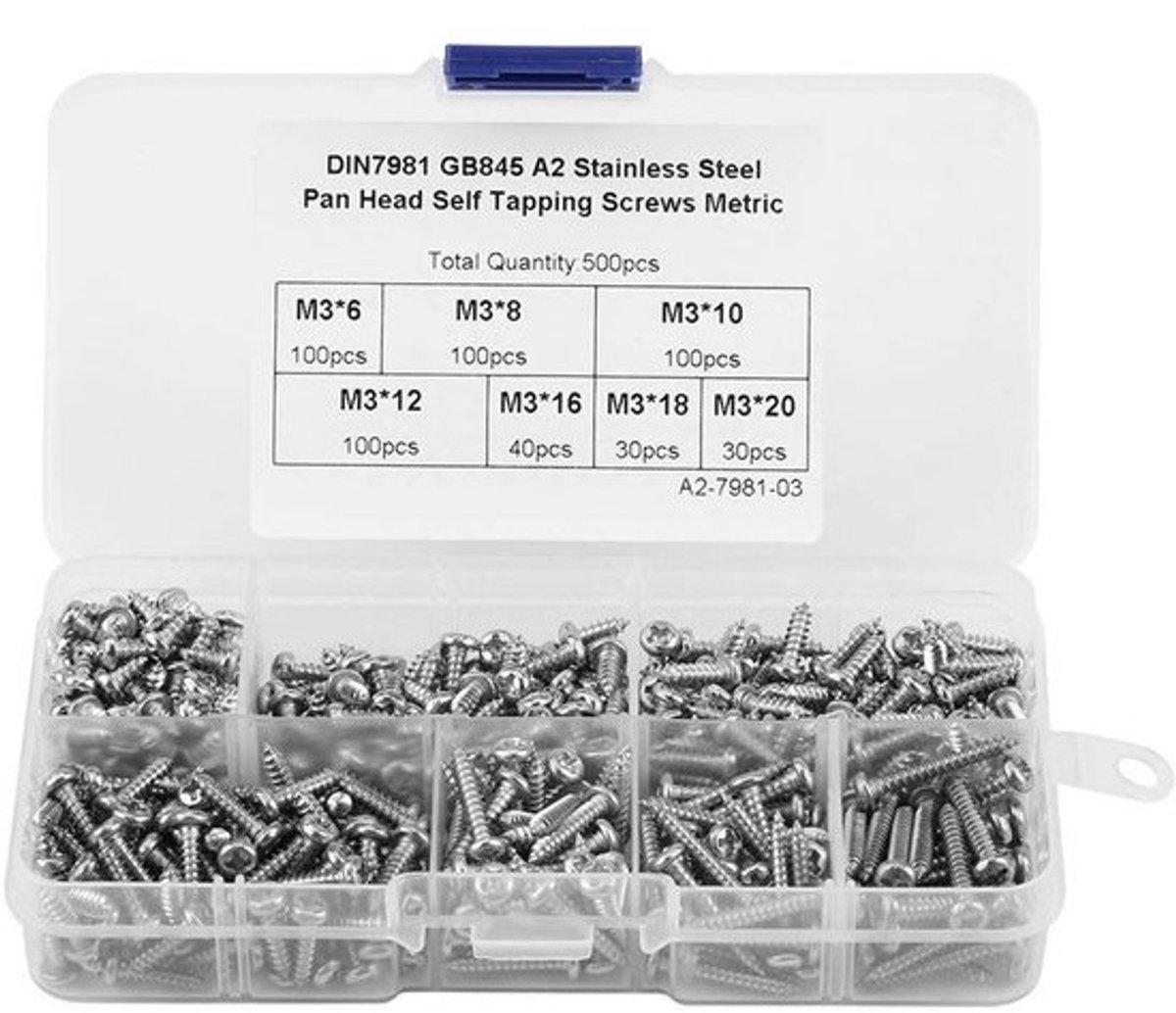 Dailygoods - 500 schroeven - M3 zelftappende schroeven - Roestvrij staal 304 - koolstofstaal - Corrosiebestendig - Voor meubels - machines - Inclusief opbergdoos - Bevestigingsmiddelen