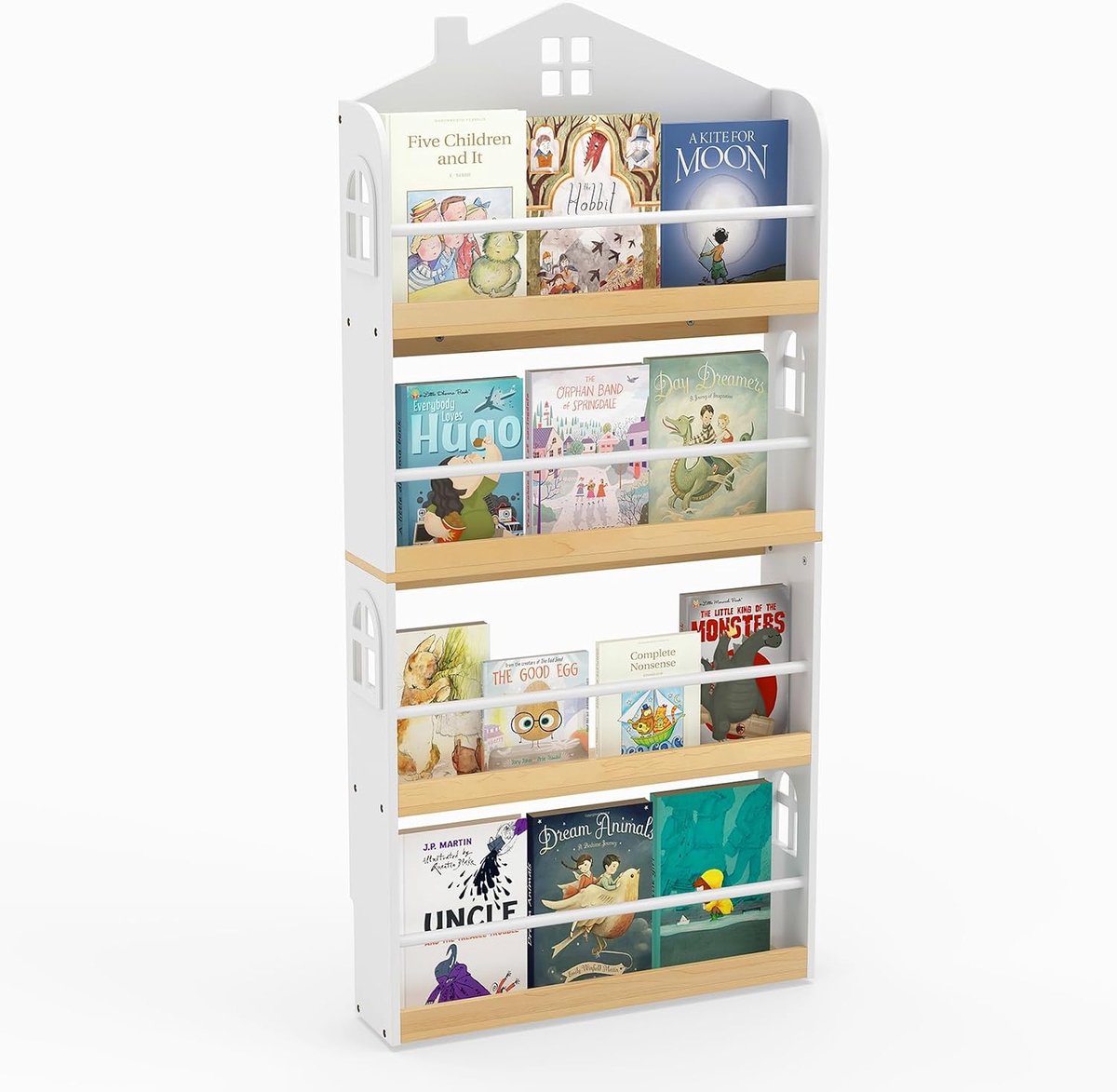 KOMFOTTEU Houten kinderboekenkast in huisvorm – Opbergmeubel met 4 niveaus en metalen stangen – Kantelbeveiliging – Voor kinderkamers, speelkamers en klaslokalen – Wit