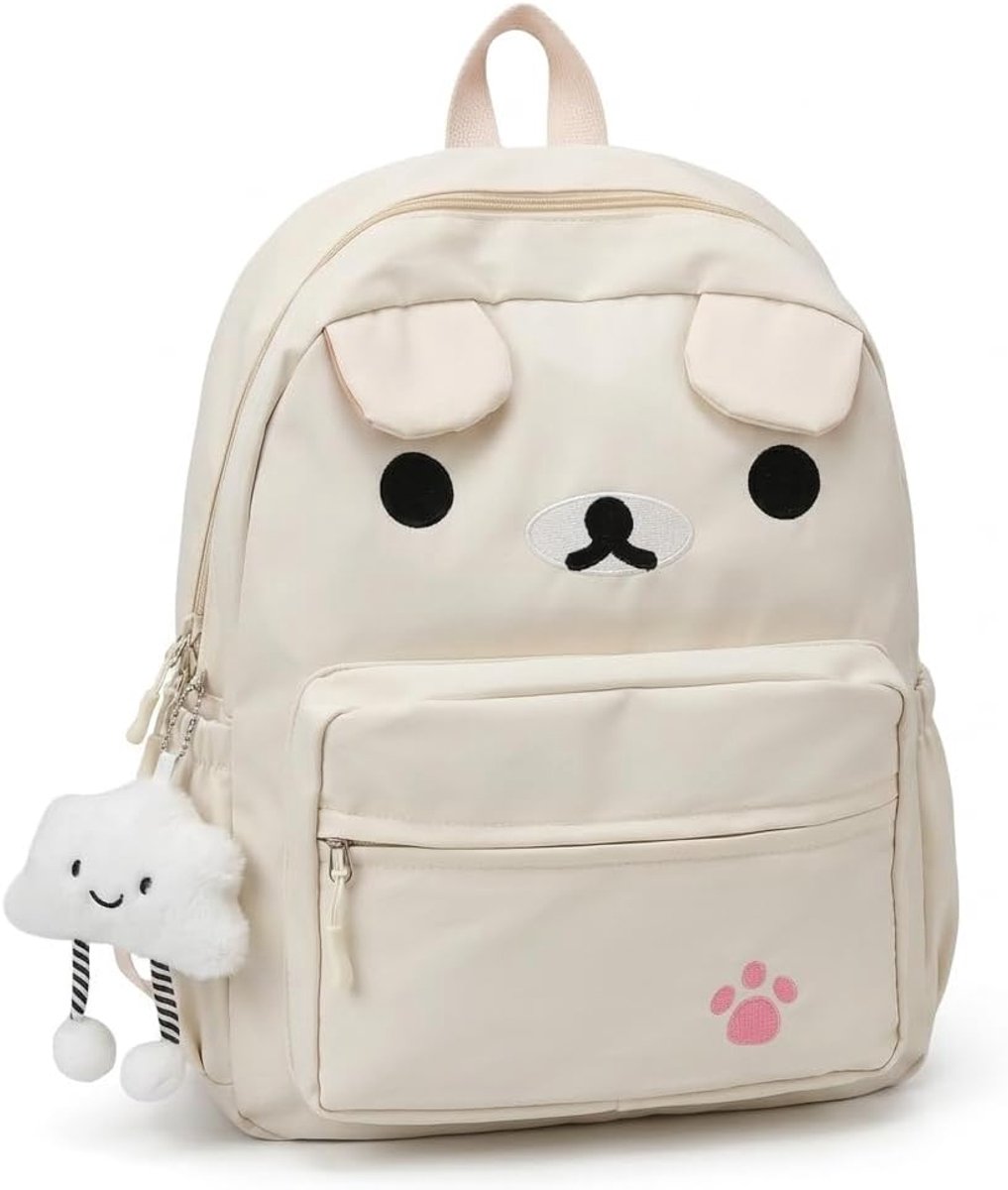 KZQ Teddybeer Rugzak - 33x37x12 cm - 20L - Waterafstotend Nylon - 3D Oren - Verstelbare Banden - Voor School & Reizen - Wit