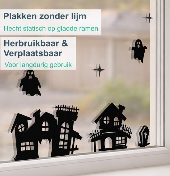 Close-up van zwarte Halloween raamstickers: spookjes en huizen met gedetailleerde silhouetten, hechtend aan het raam zonder lijm.