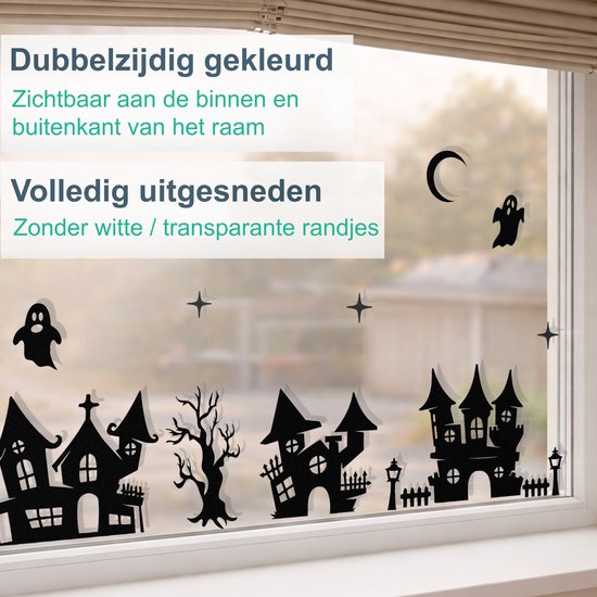 Zwarte Halloween raamstickers met spoken en huisjes, zichtbaar vanaf beide kanten van het raam.