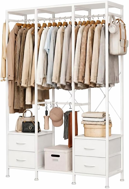 Wit kledingrek met vier lades, hangruimte en diverse accessoires.