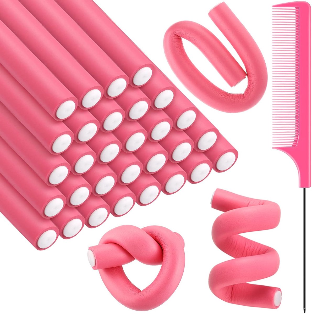 30 Flexibele Krulspelden Zonder Hitte 24x1,4 cm - Zachte Schuimrollers met Prikkerkam - Geschikt voor Lang en Kort Haar in Roze