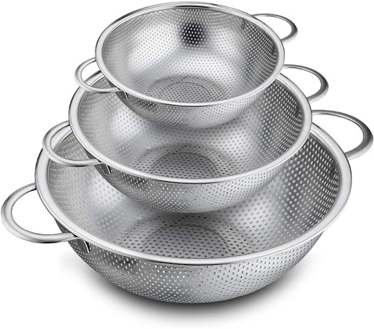 SSTRWGOOD 3 Stuks Sieb - Keukensieb Set - Microgeperforeerd Edelstalen Abtropfsieb met Handvatten - Snel Water Afvoerend - Geschikt voor Pasta, Rijst, Groenten en Fruit - Roestvrij Staal - Diameters 16,5 x 19,5 x 22,5 cm