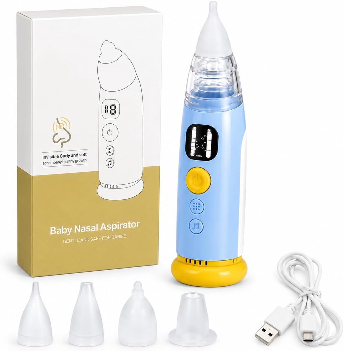 Oplaadbare Elektrische Neusaspirator – met 3 Zuigstanden en 3 Siliconen Neusstukken – Stil met Licht en Muziek – voor Pasgeborenen