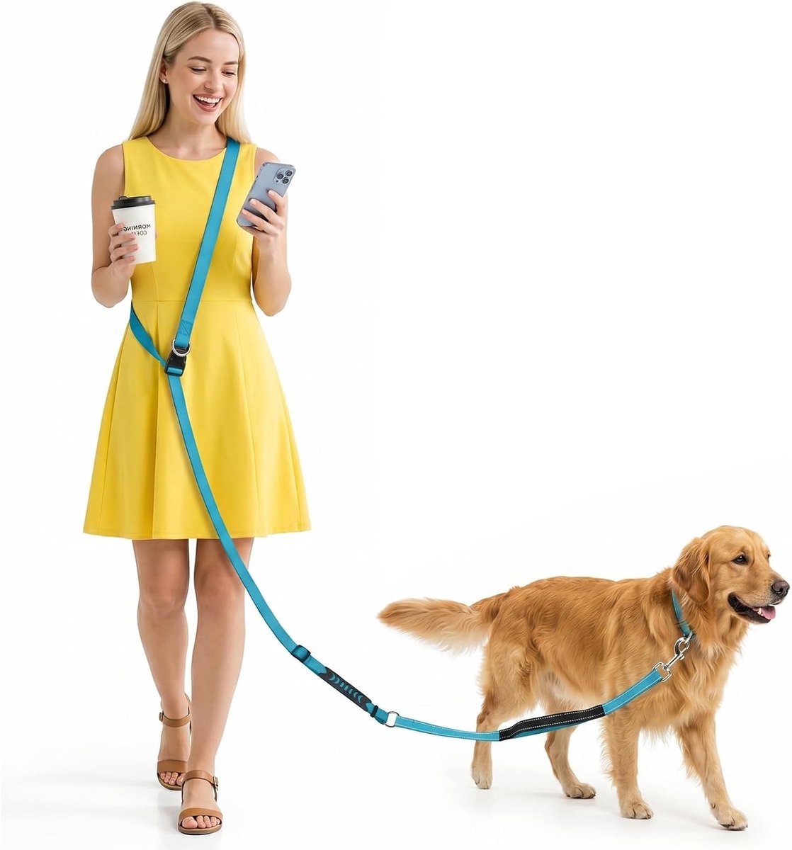 Handsfree Hondenriem Multifunctioneel voor Grote, Middelgrote en Kleine Honden, Verstelbare Heupgordel, Dubbele Handgreep en Stevige Metalen Gesp, 0.8-2.35 m