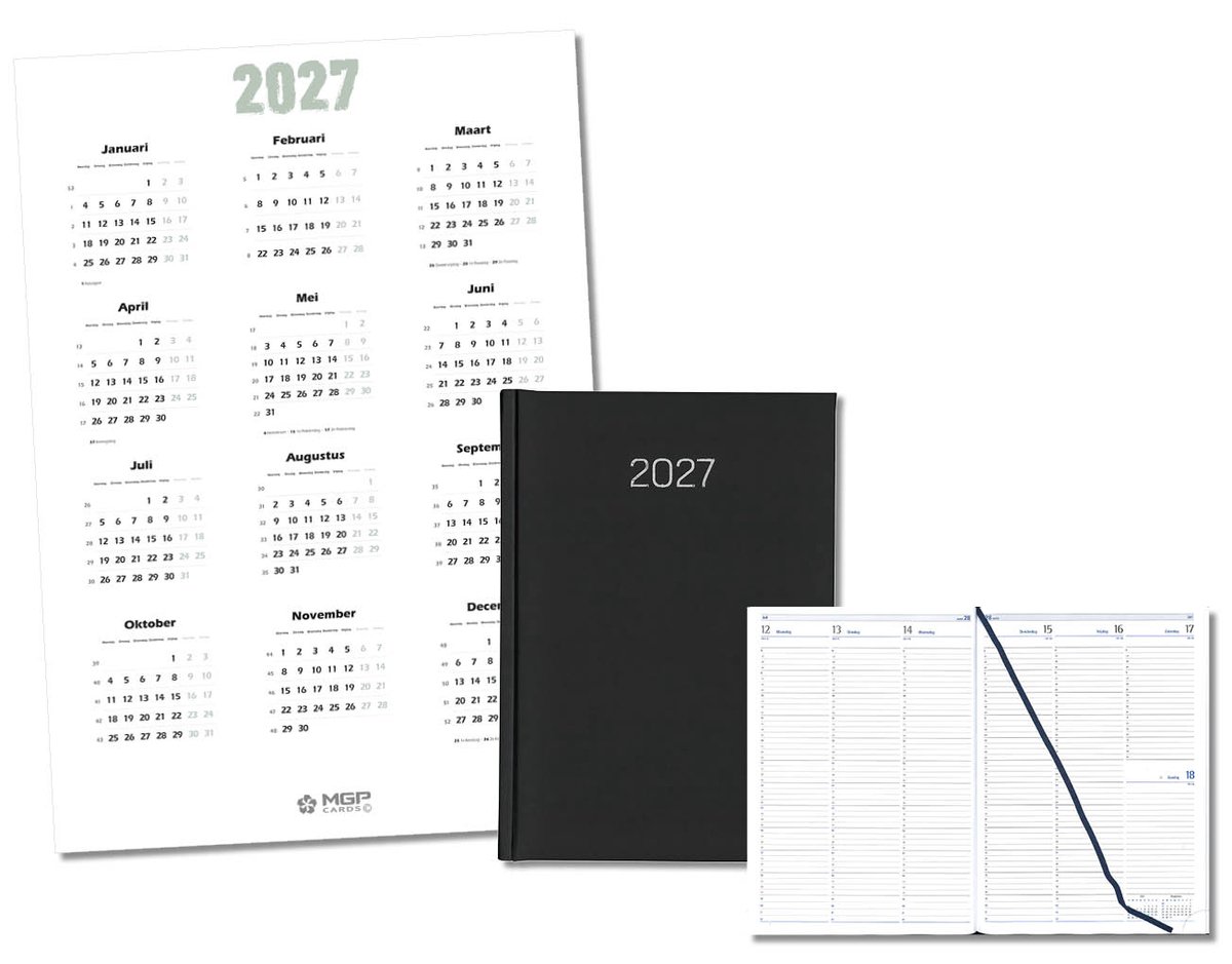 MGPcards - Bureau Week-agenda 2027 - H46 - A4 - 1 week 2 pagina's - Nederlandstalig - Gewatteerde omslag - 21 x 30 cm - Mat Zwart + Jaar kalender - Kalender 2027 - Wandplanner - Jaarplanner - Grote planner - A2 formaat - Poster - 42 x 59,4 cm
