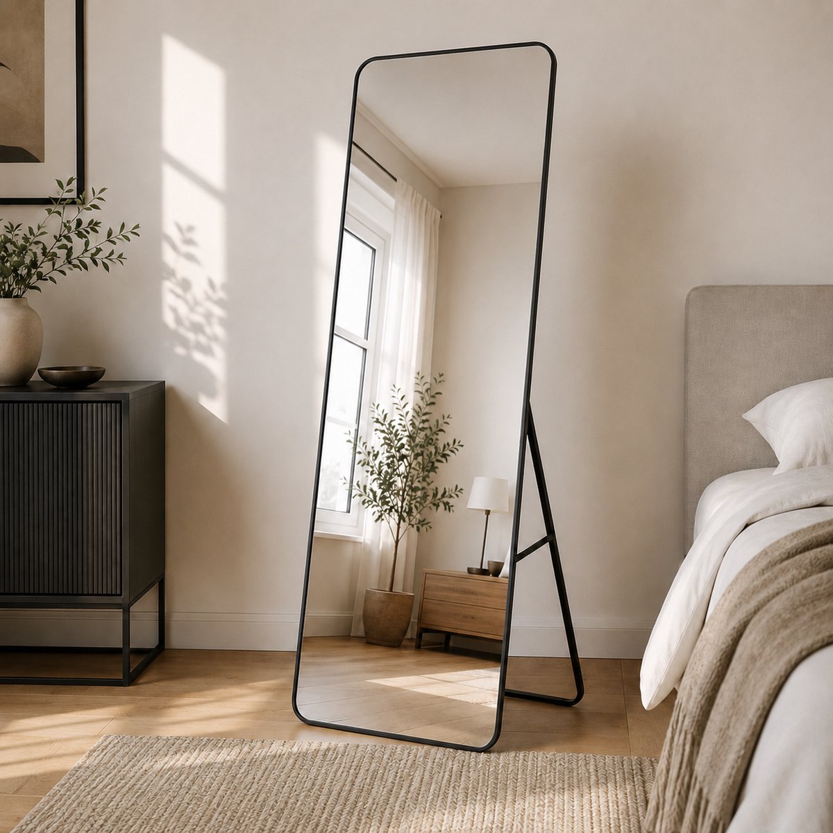 Lumoire Passpiegel Zwart 160x50 cm – Staande Spiegel met Standaard – Wandspiegel – Afgeronde Hoeken