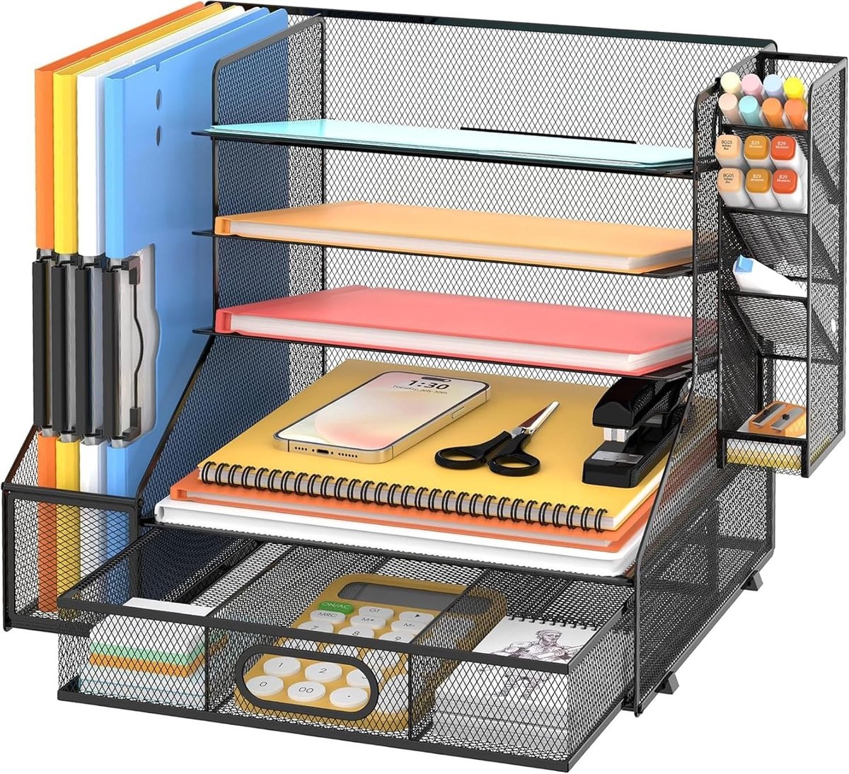Praktische Bureau Organizer met Bestandshouder, 5-laags Papieren Tray Organizer met Lade en Ruimte voor Kantoorbenodigdheden (Zwart met Penhouder)