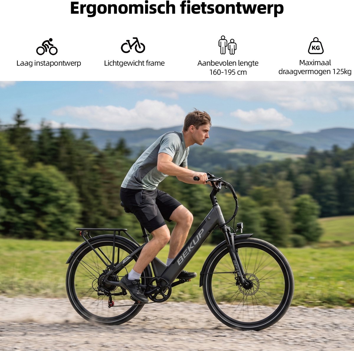 BEKUP V1 E-bike - 25 km/u - 26inch - 75km actieradius - 250W motor - 36V 14.5Ah accu - grijs thumbnail 3