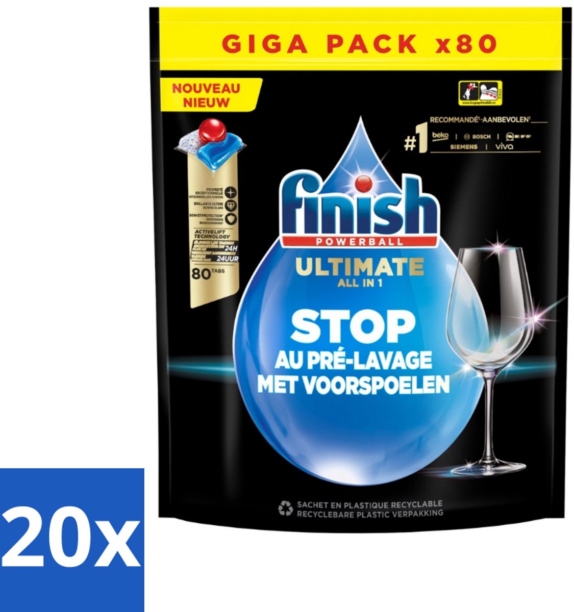 20 x Finish - Powerball - Vaatwasmiddel - Ultieme Alles In 1 - Glansspoelmiddel - 80 Wasbeurten - Vaatwasmiddel - Reiniging - Glans - Vaatwasmiddel Capsule - ACTIVLIFT™