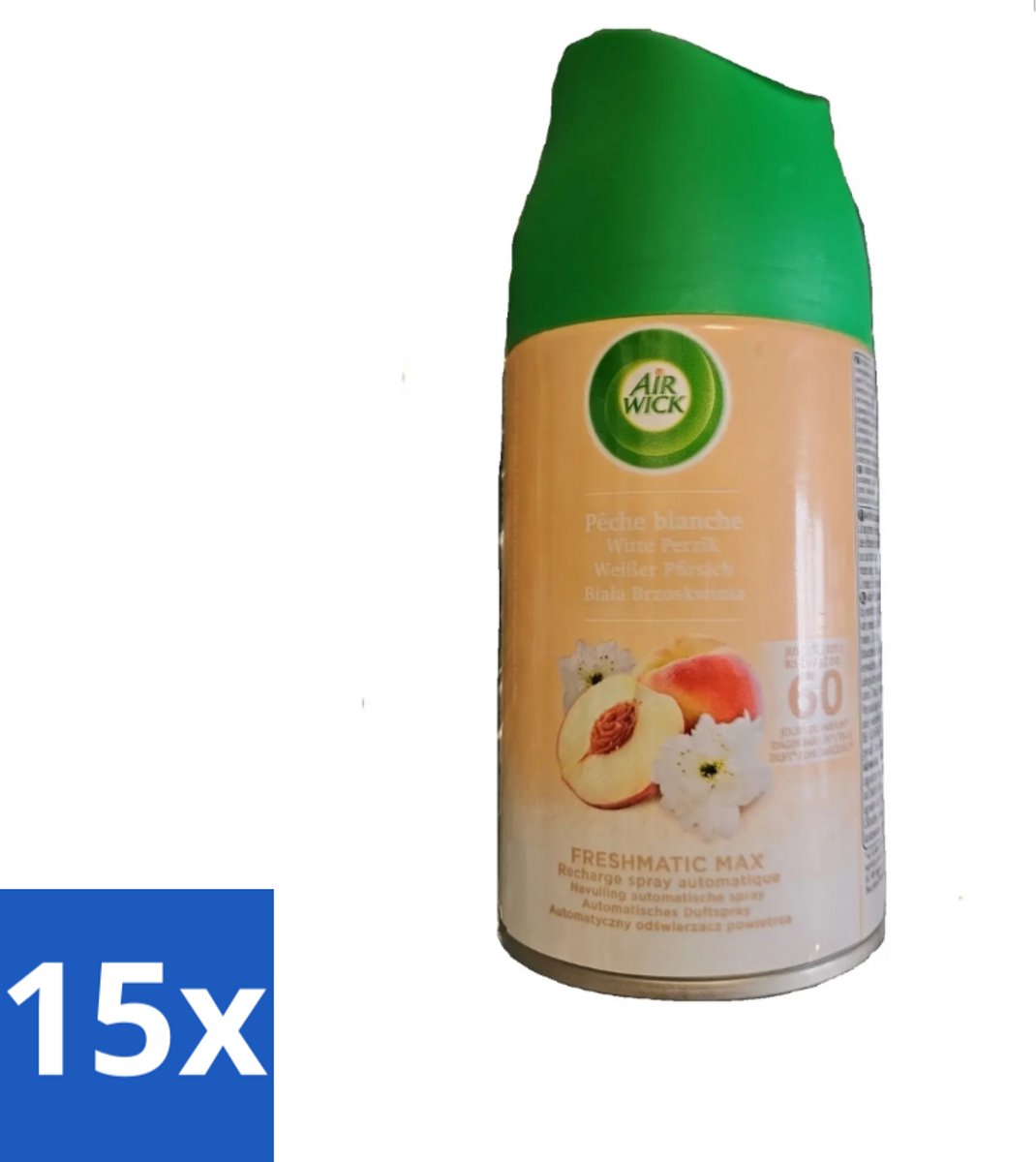 15 x Air Wick - Luchtverfrisser Navulling - Witte Perzik - Automatische Spray - 250 ml - Luchtverfrisser - Geurverspreiding - Witte Perzik - Automatische Spray - Geurintensiteit
