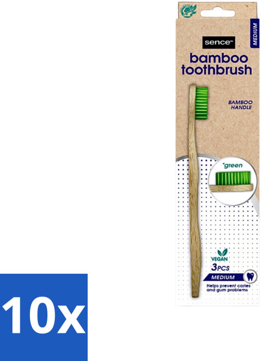 Sence - Bamboo - Tandenborstels - Medium - Set van 3 - Groen - Bulkverpakking - 10 stuks