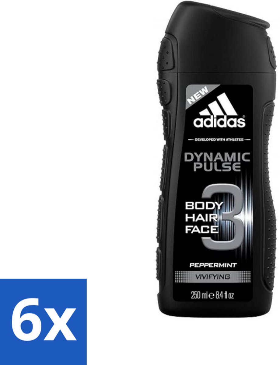6 x Adidas - 3-in-1 Douchegel - Dynamic Pulse - Pepermunt - Vivifying - 250 ml - Douchegel - 3-in-1 - Lichaam - Gezicht - Haar
